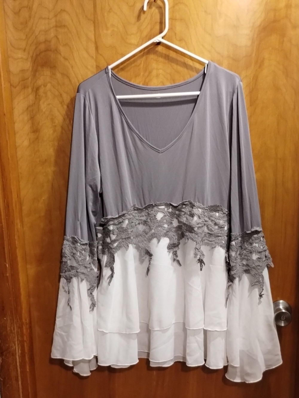 Gray & White Lace Tiered V-Neck Blouse